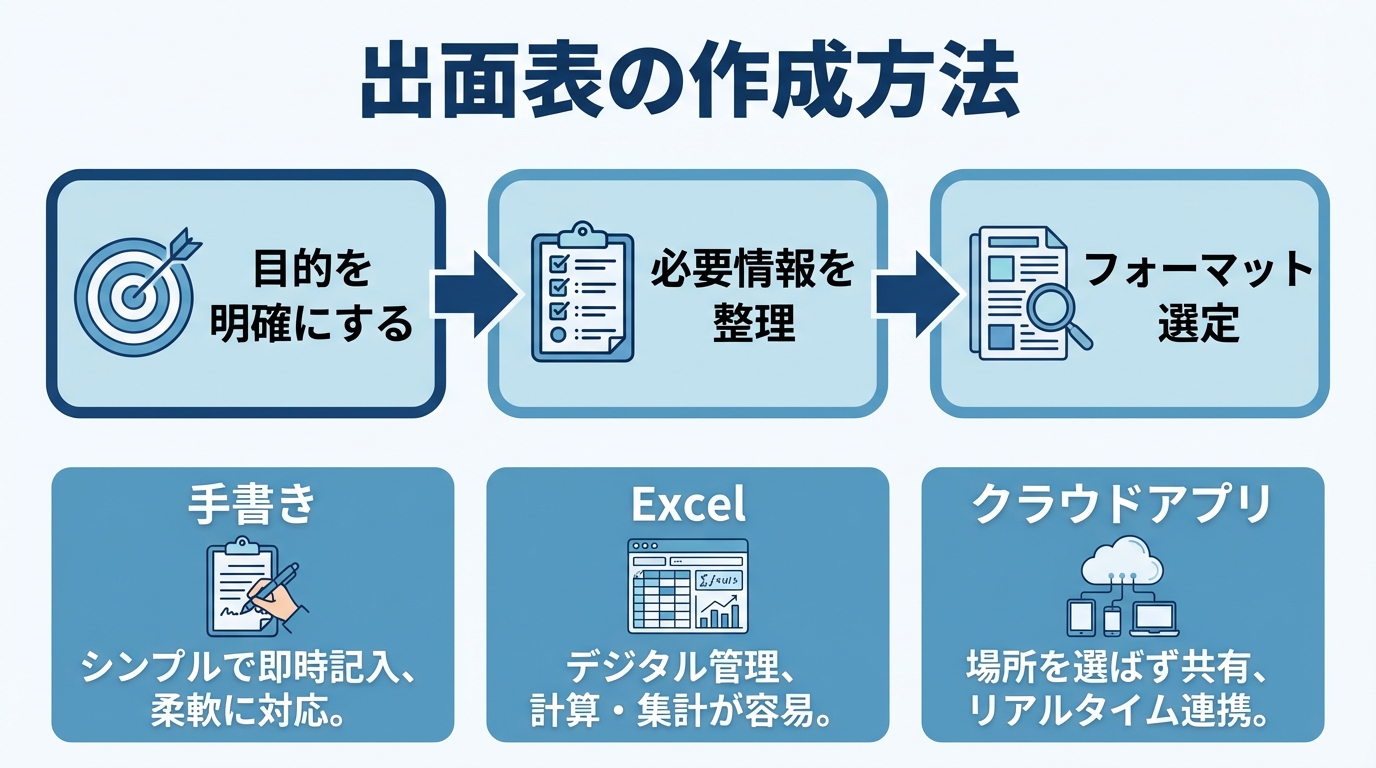 出面表の作成手順を示す図。目的の明確化からフォーマット選定まで