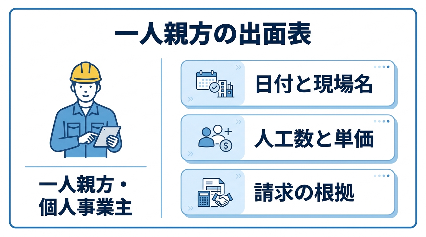 一人親方・個人事業主が出面表に残すべき項目を示した図。日付と現場名、人工数と単価、請求の根拠