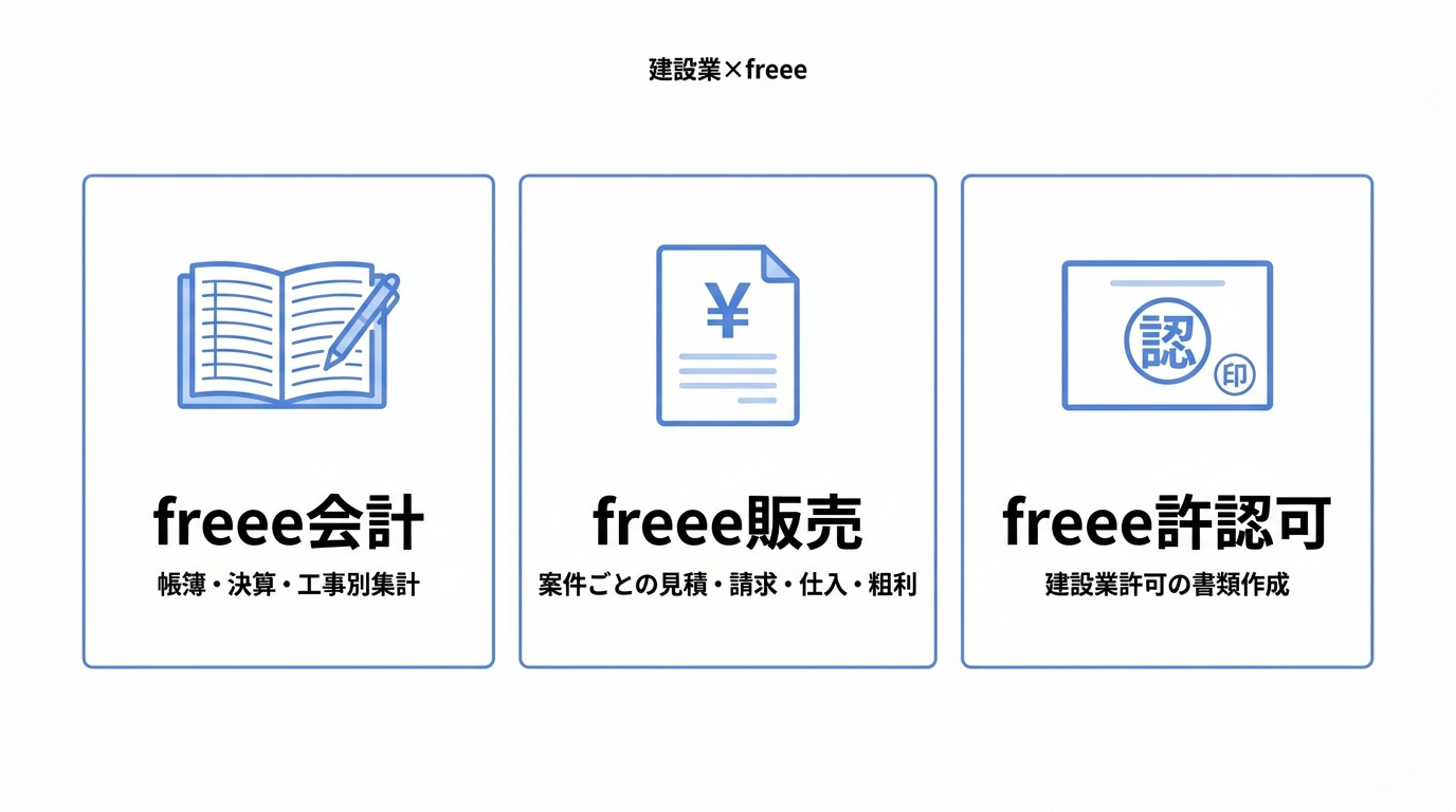 freee会計・freee販売・freee許認可の3サービスの役割を並べた3カラム図