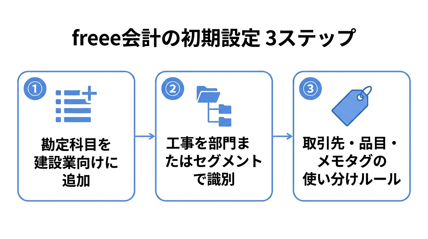 勘定科目追加・部門やセグメントで工事識別・タグの使い分けルールの3ステップを矢印でつないだフロー図