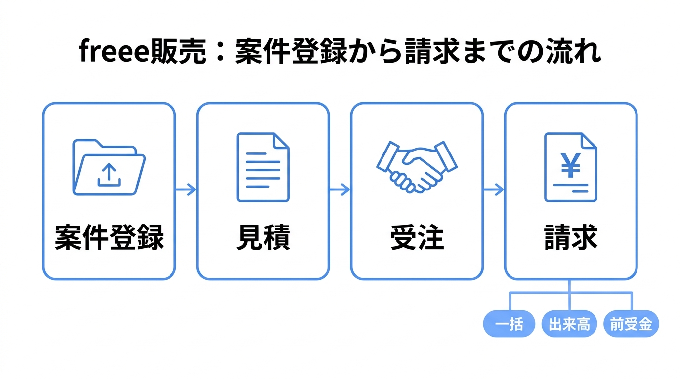 案件登録から見積・受注・請求へ進み、請求が一括・出来高・前受金に分かれる流れ図