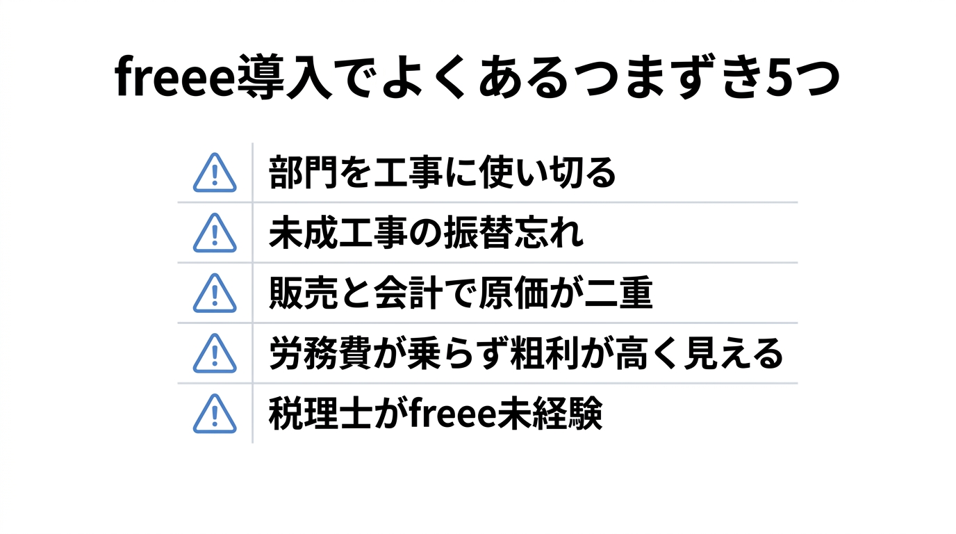 部門の使い切りや未成工事の振替忘れなどfreee導入でつまずきやすい5項目を注意アイコン付きで並べたリスト