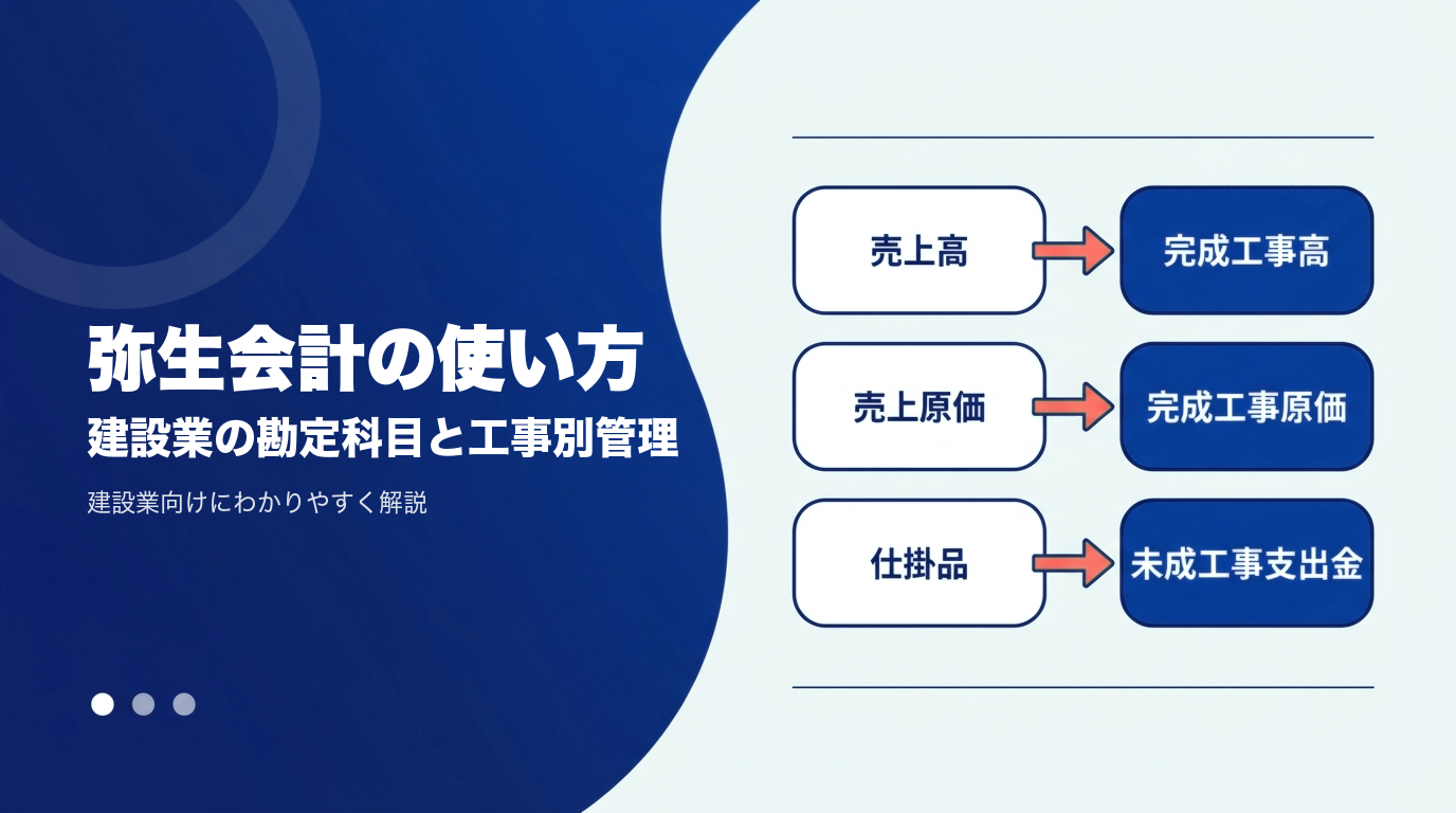 建設業で弥生会計を使う方法（製品選び・勘定科目設定・工事別管理・仕訳・料金）を解説する記事のアイキャッチ