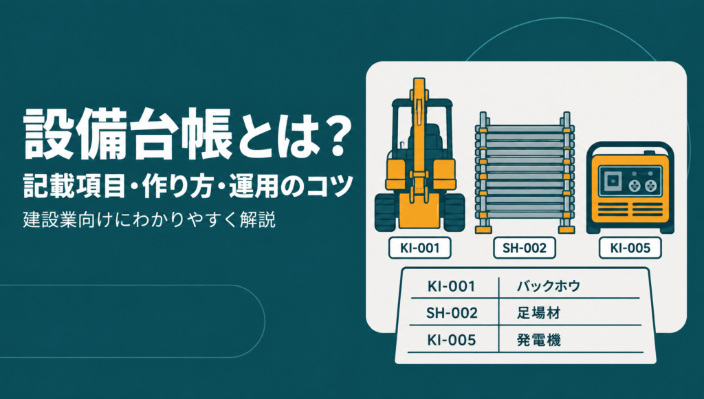 建設会社の設備台帳の記載項目・作り方・運用のコツを解説する記事のアイキャッチ（管理番号ラベルを貼ったバックホウと発電機、机上の設備台帳）