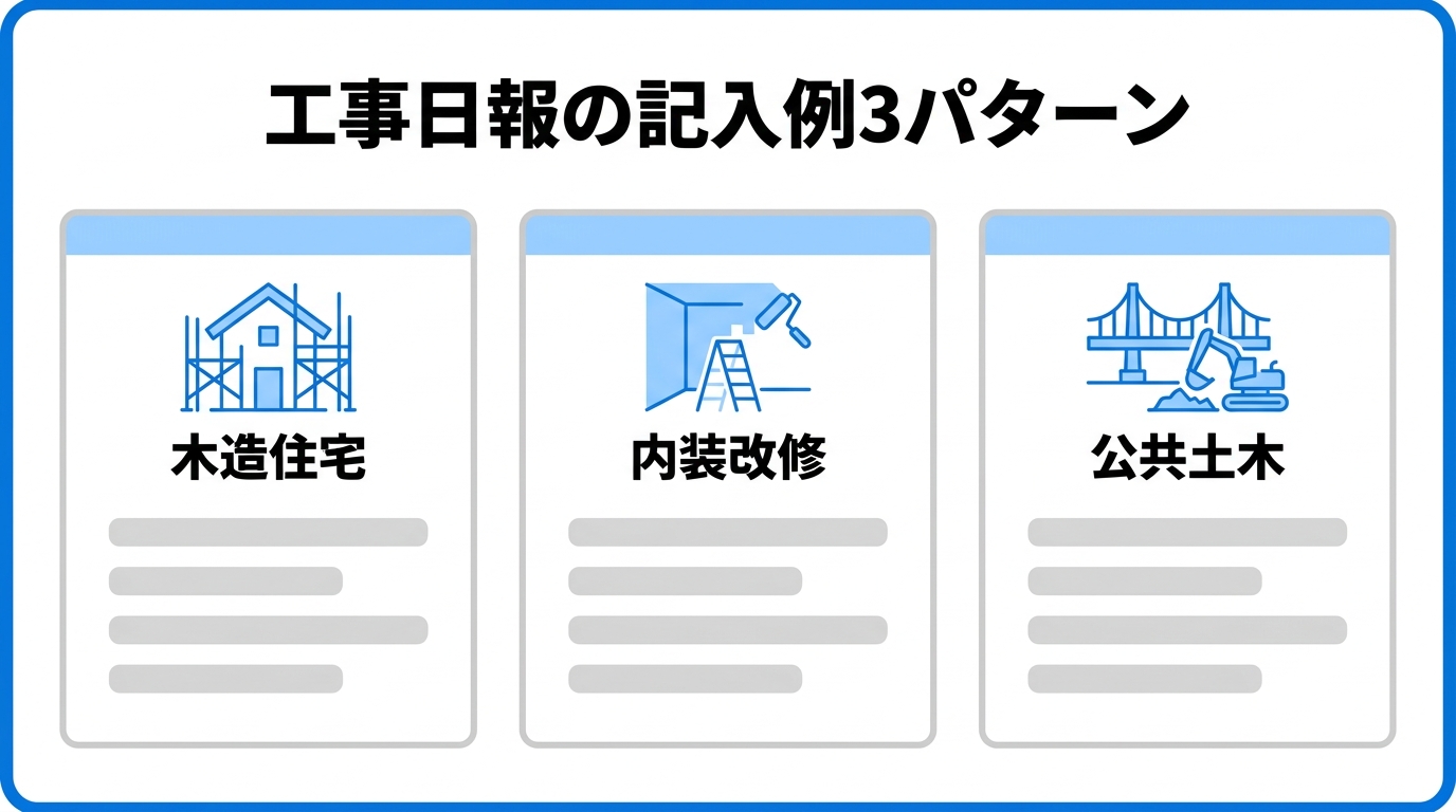 インフォグラフィック：工事日報の記入例3パターン（木造住宅・内装改修・公共土木）