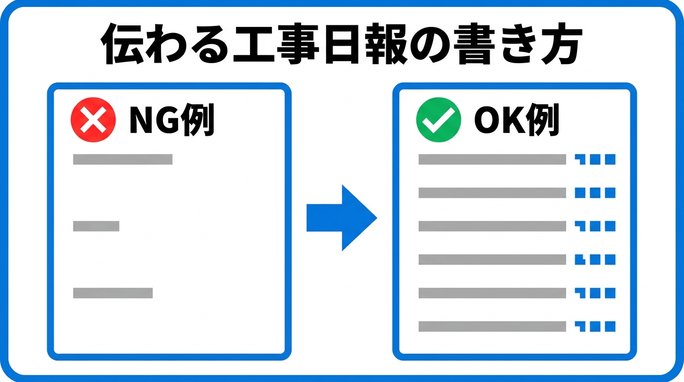 インフォグラフィック：伝わる工事日報の書き方（NG例とOK例の比較）