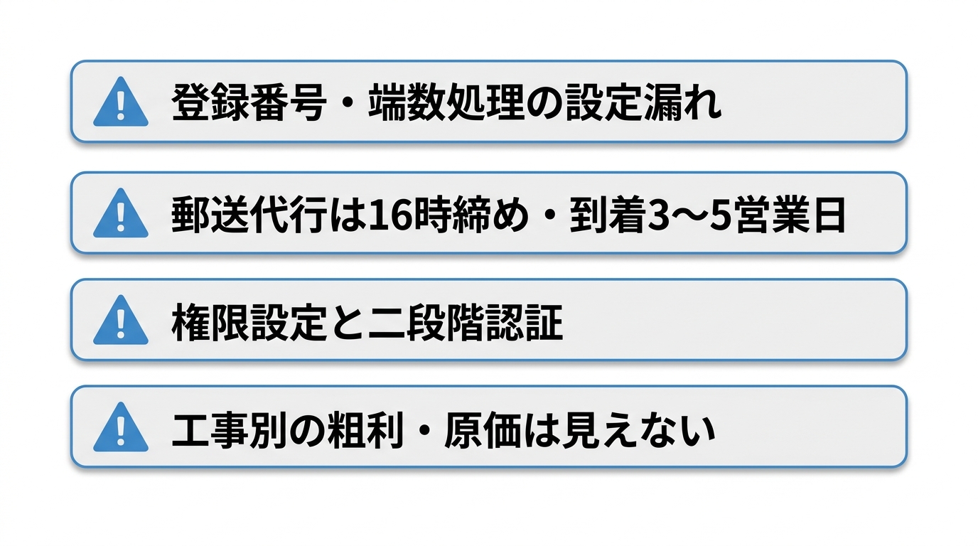 登録番号や端数処理の設定漏れ、郵送代行の締め時間、権限設定、工事別粗利が見えない点の4つの注意項目を並べた図