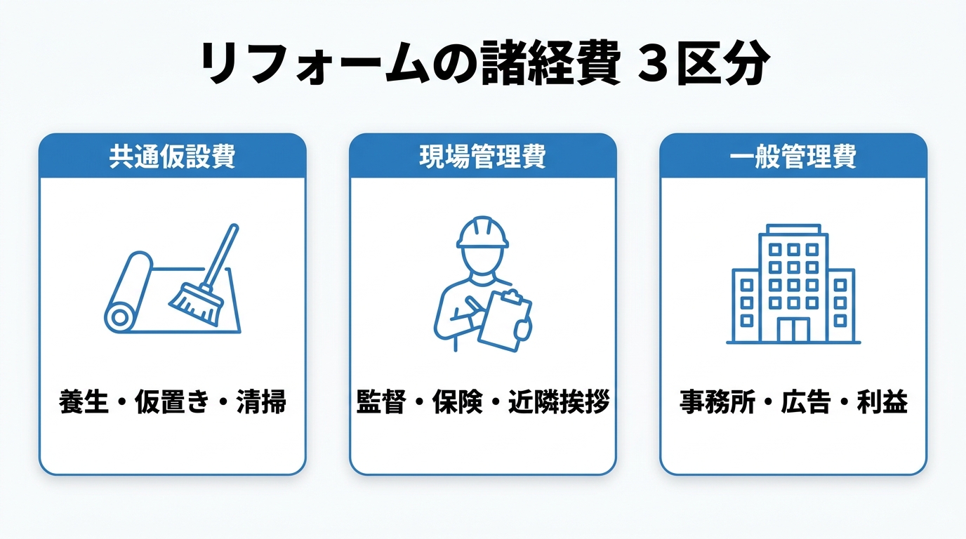 リフォームの諸経費3区分(共通仮設費:養生・仮置き・清掃、現場管理費:監督・保険・近隣挨拶、一般管理費:事務所・広告・利益)を3枚のカードで示した図