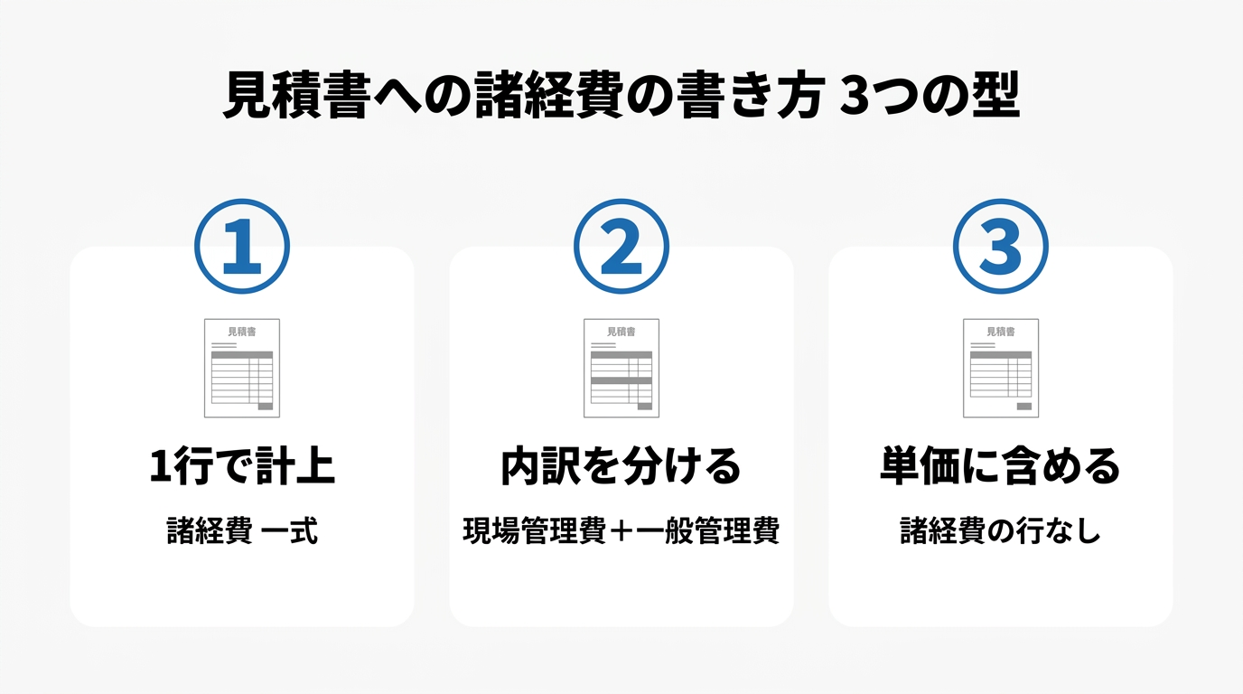 見積書への諸経費の書き方3つの型(1行で計上、内訳を分ける、単価に含める)を見積書アイコン付きで並べた図