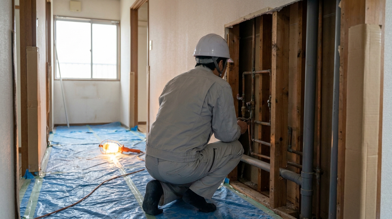 解体後に露出した給排水配管をブルーシートで養生したマンションの現場で、ヘルメットの現場監督が確認している後ろ姿