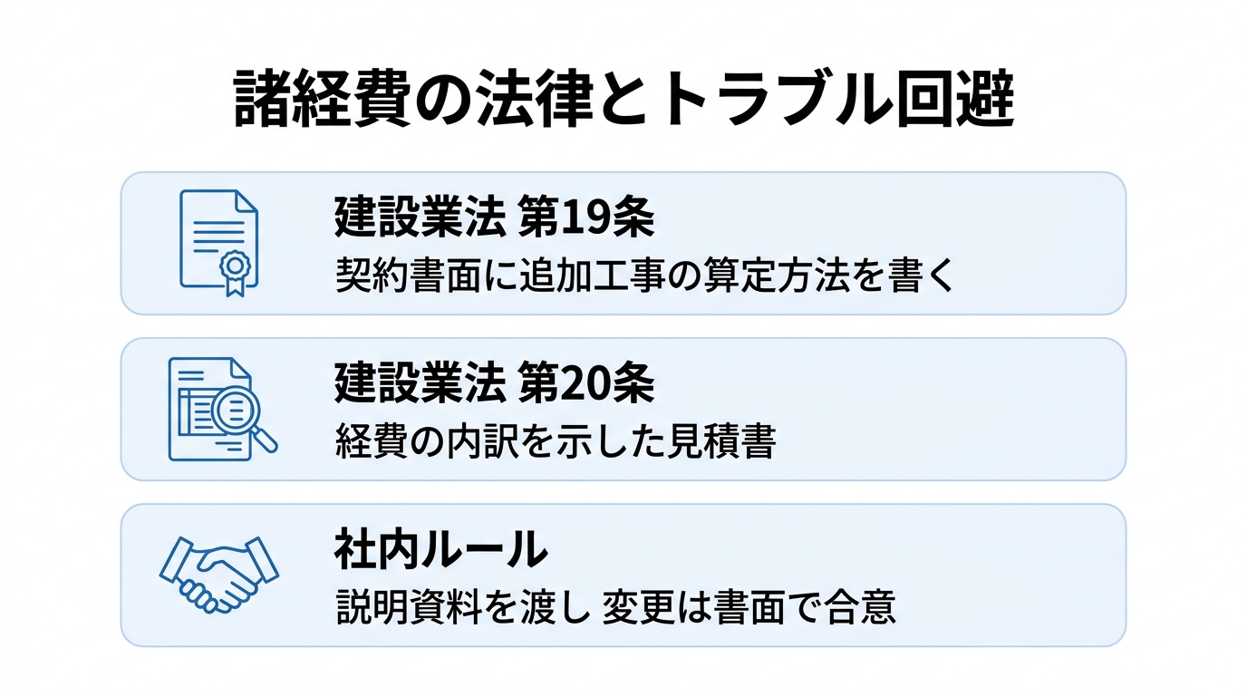 建設業法第19条(契約書面に追加工事の算定方法を書く)、第20条(経費の内訳を示した見積書)、社内ルール(説明資料を渡し変更は書面で合意)の3項目を並べた図