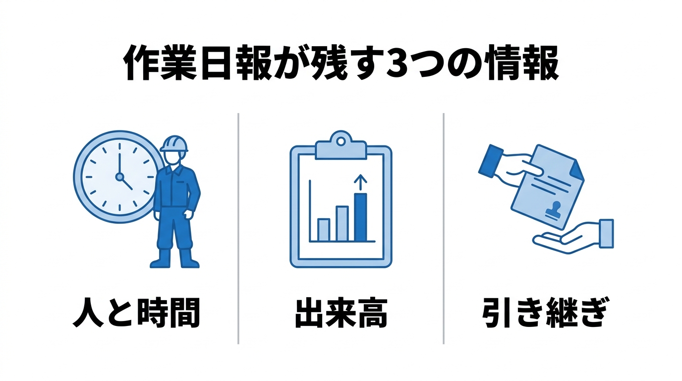 作業日報が残す3つの情報(人と時間・出来高・引き継ぎ)を示す図解