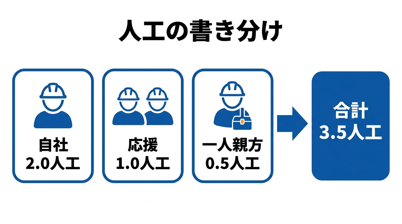 作業日報の人工欄の書き分け(自社2.0人工・応援1.0人工・一人親方0.5人工で合計3.5人工)を示す図解