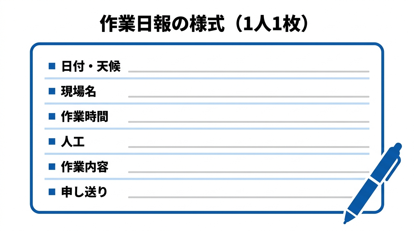 作業日報の様式ひな形(1人1枚・日付/現場名/作業時間/人工/作業内容/申し送り)のイメージ