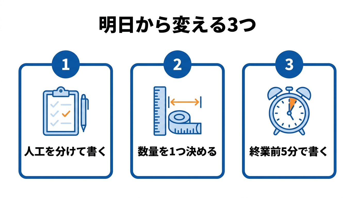 明日から変える3つ(人工を分けて書く・数量を1つ決める・終業前5分で書く)を示す図解