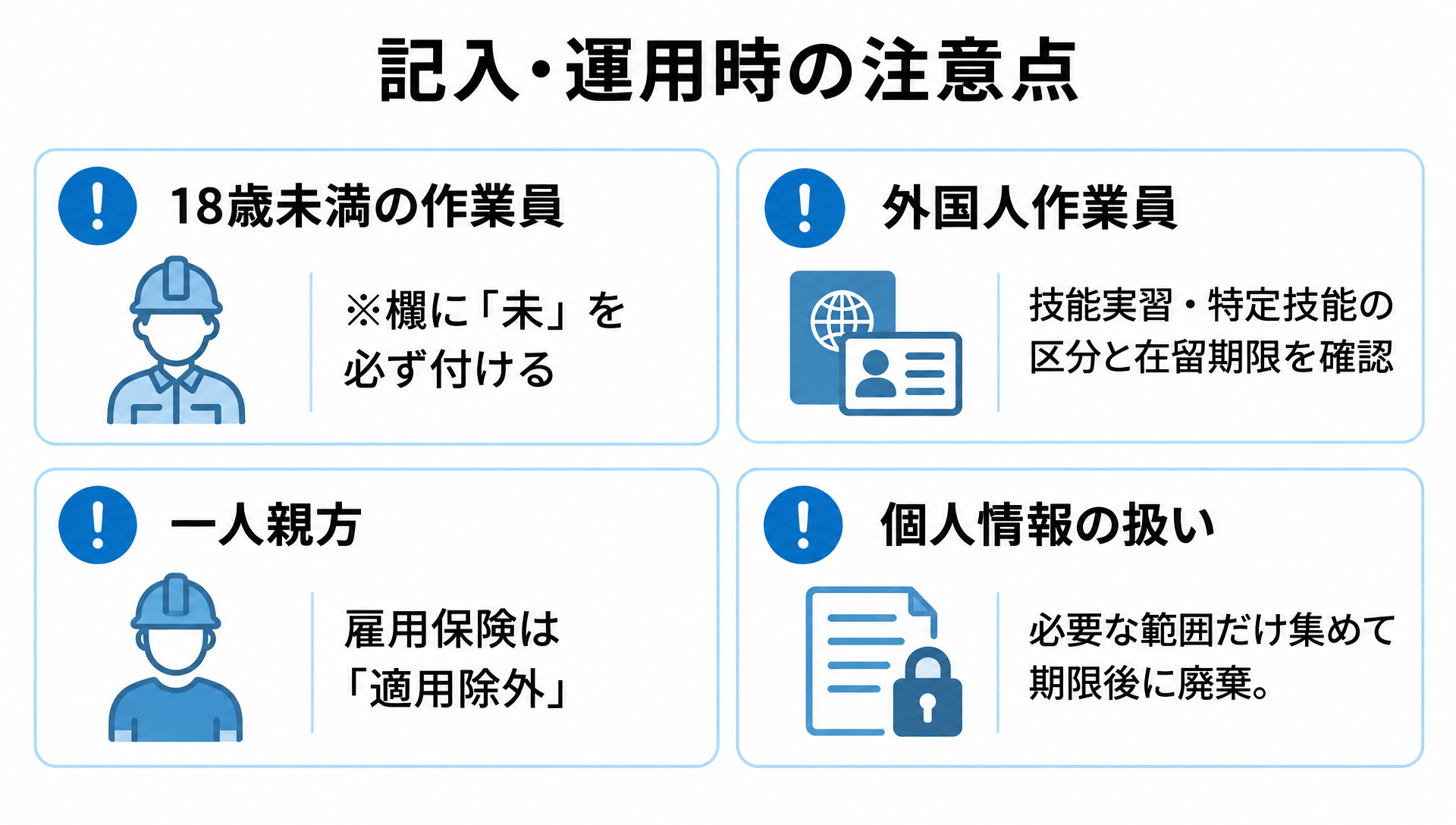 記入・運用時の注意点（18歳未満の作業員・外国人作業員・一人親方・個人情報の扱い）を4項目で示した図