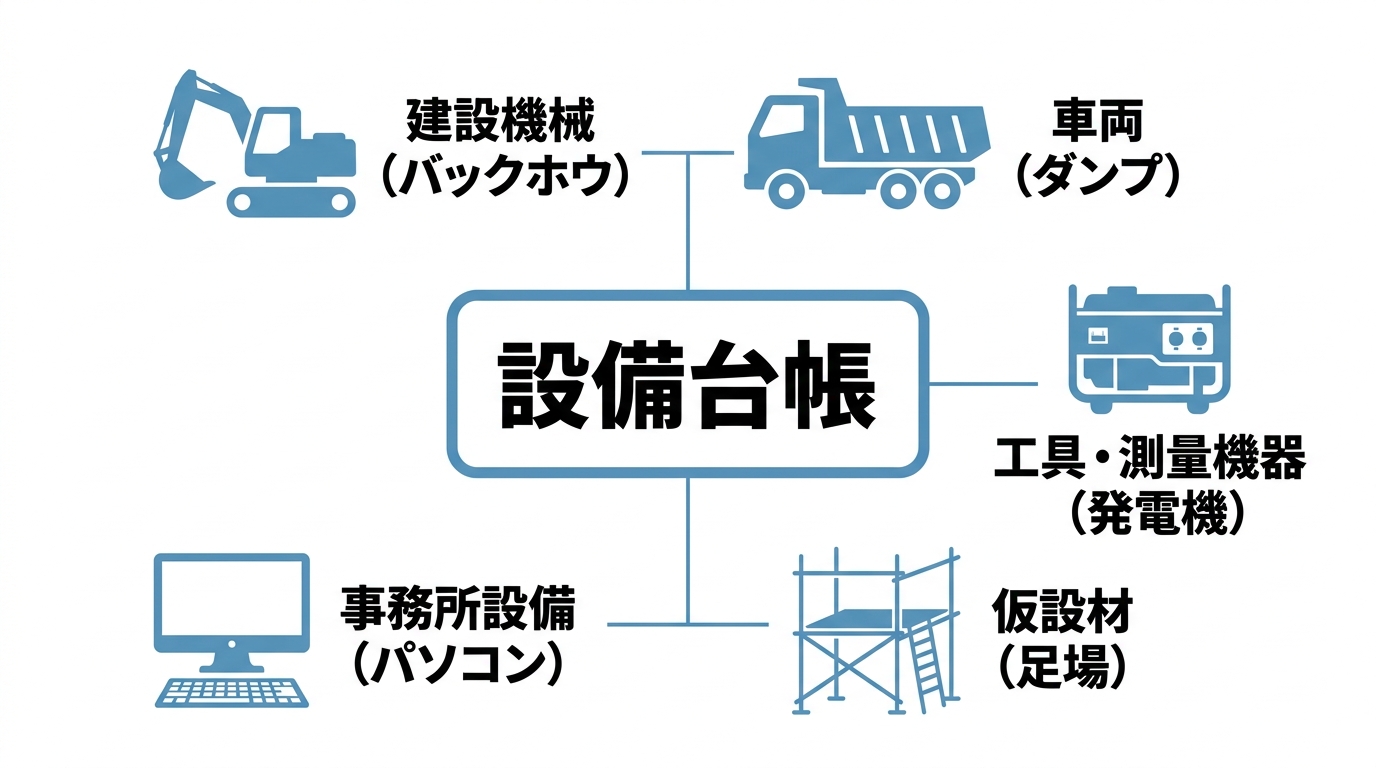 設備台帳で管理する5つの対象(建設機械・車両・工具/測量機器・仮設材・事務所設備)をアイコンで示した図