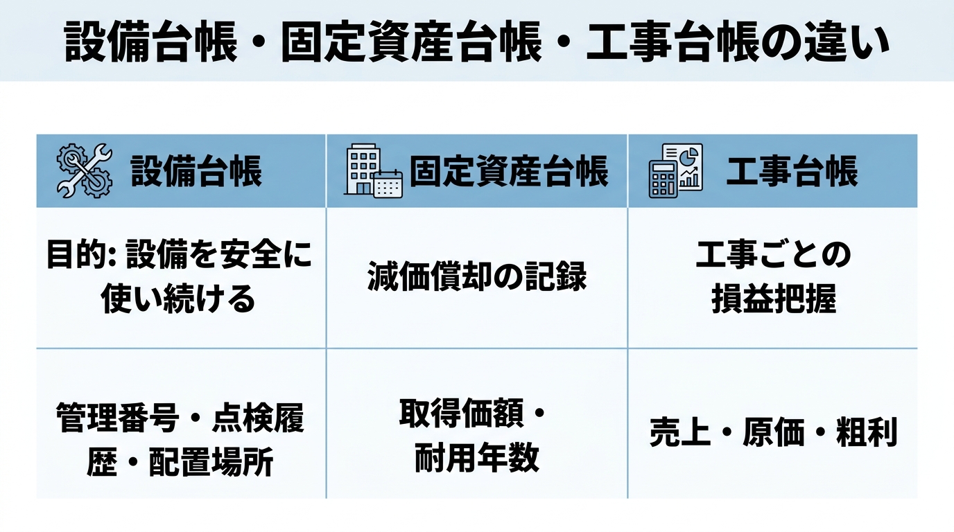 設備台帳・固定資産台帳・工事台帳の目的と主な記載内容を3列で対比した比較表