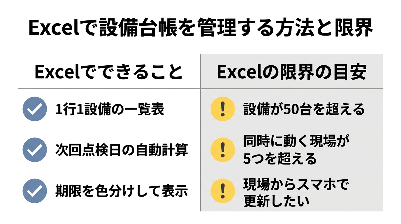 Excelで設備台帳を管理してできること3つと、限界の目安(50台・5現場・現場からの更新)を左右で対比した図