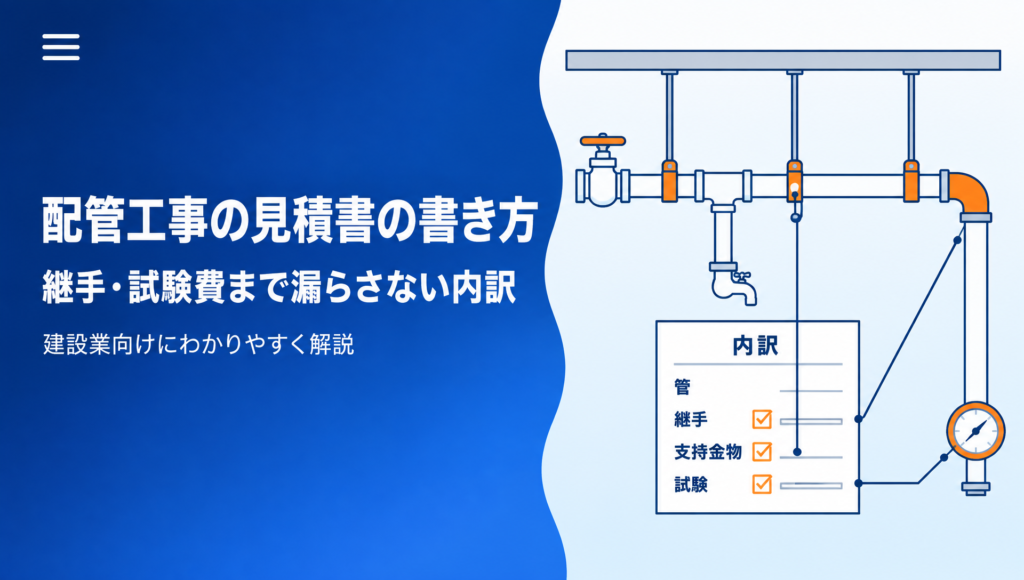 配管工事の見積書で継手・支持金物・試験費まで漏らさずに内訳を組む方法と記入例を解説する記事のアイキャッチ