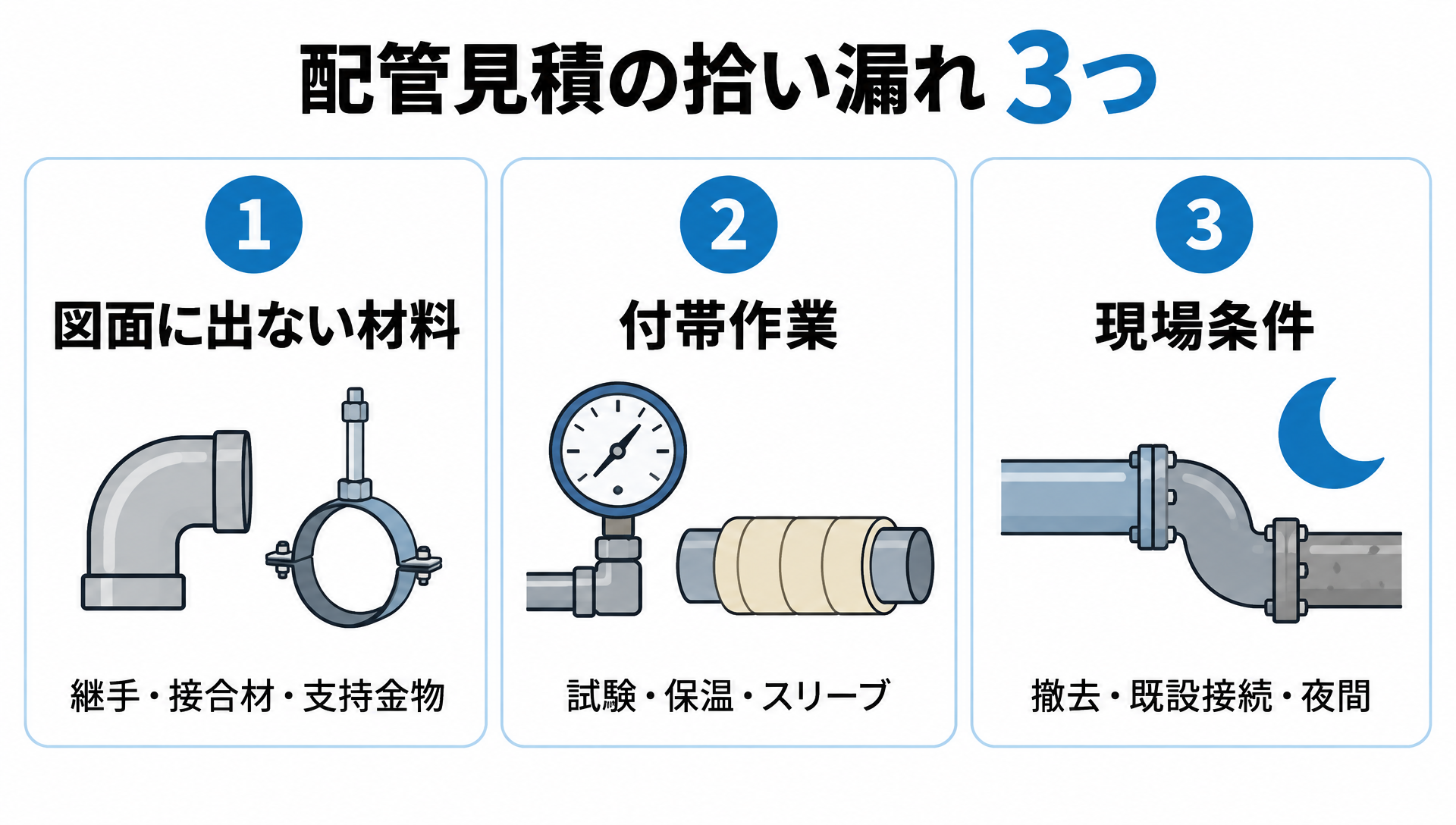 配管見積の拾い漏れ3要因として、図面に出ない継手・支持金物、試験・保温・スリーブの付帯作業、撤去・既設接続・夜間の現場条件を並べた図