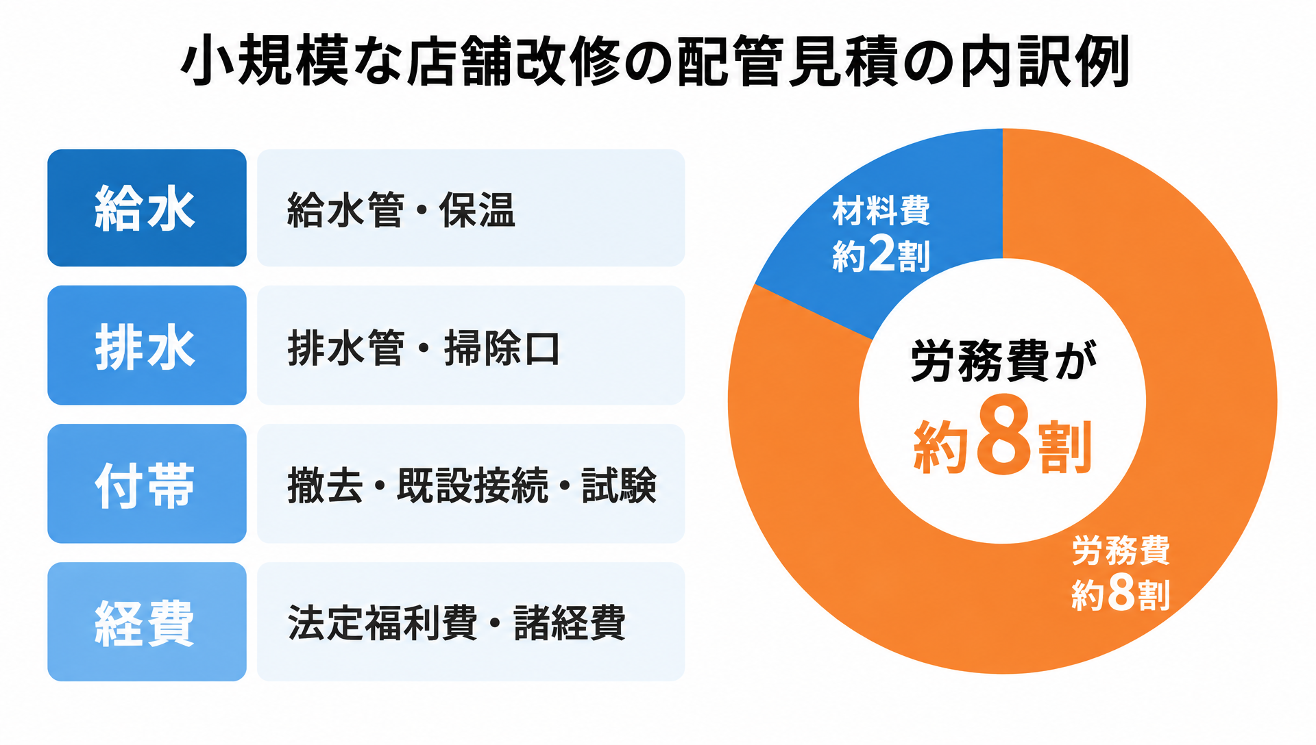 小規模な店舗改修の配管見積を給水・排水・付帯・経費の4区分に分け、直接工事費のうち労務費が約8割を占める内訳例
